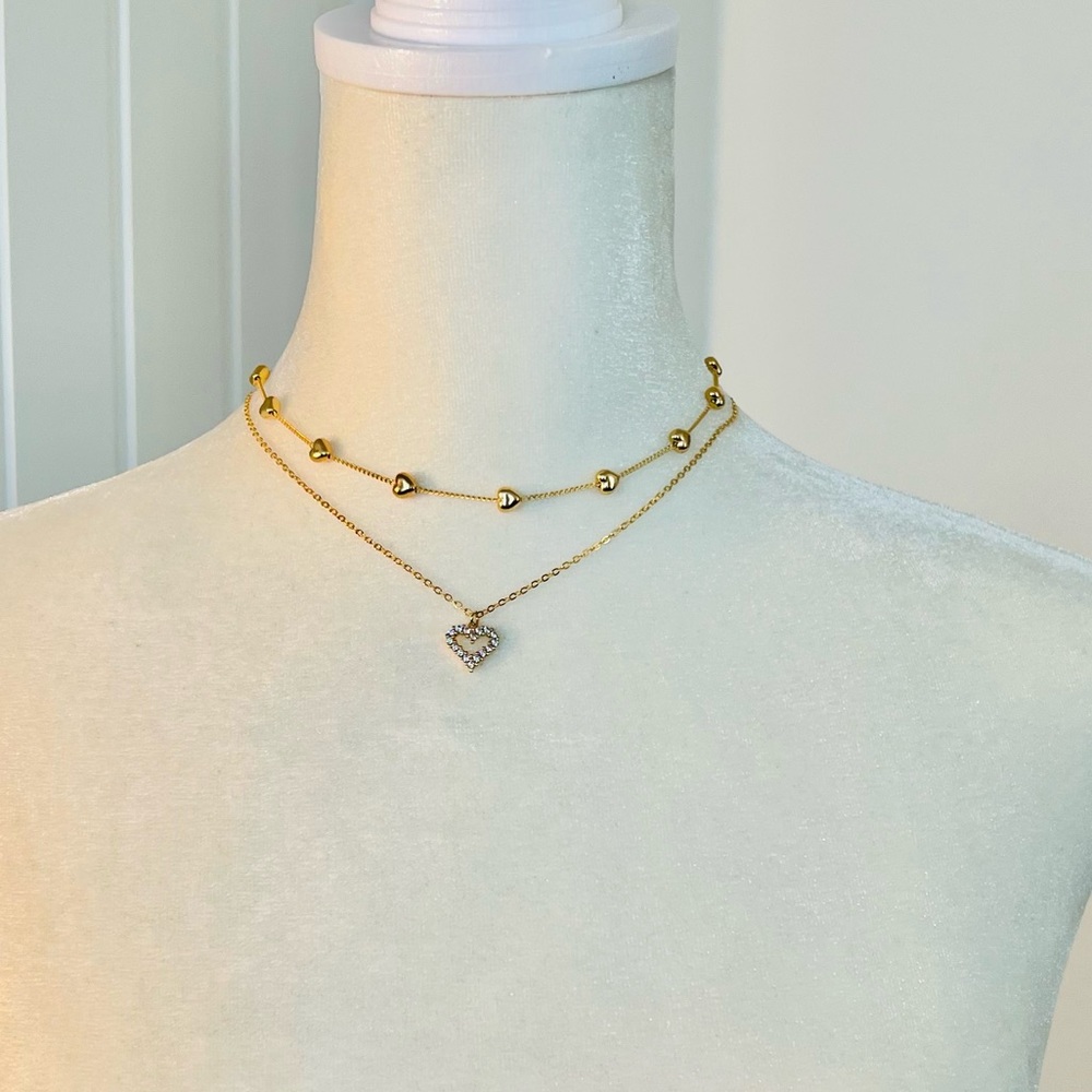 NWOT Double Strand Gold-tone Hearts and Rhinestones Chain-link Necklace - 15” - Picture 3 of 5